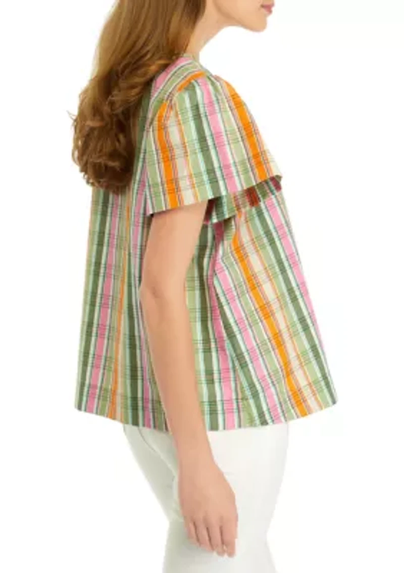 Petite Puff Sleeve Plaid Top