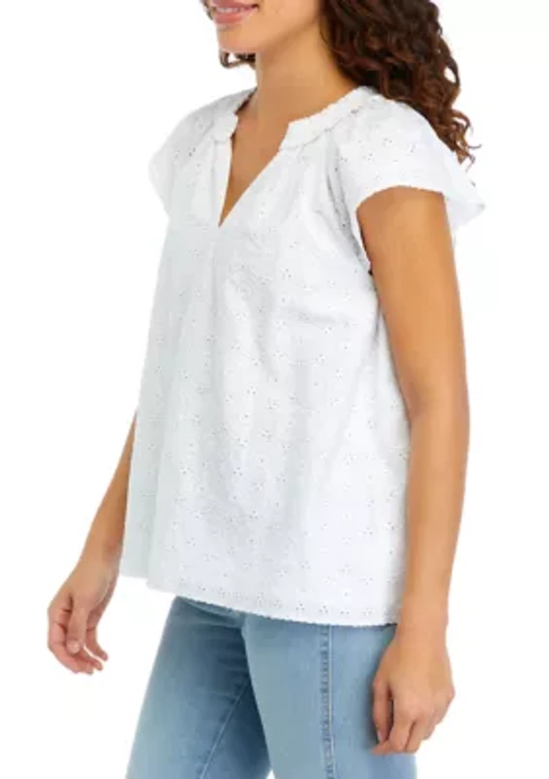Petite Flutter Sleeve Eyelet Top