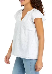 Petite Flutter Sleeve Eyelet Top