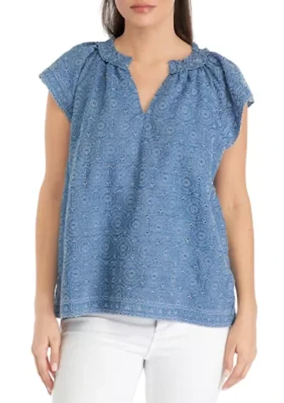 Petite Short Flutter Sleeve Eyelet Top