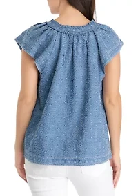 Petite Short Flutter Sleeve Eyelet Top