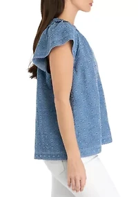 Petite Short Flutter Sleeve Eyelet Top