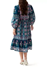 Petite Puff Sleeve Printed Midi Dress