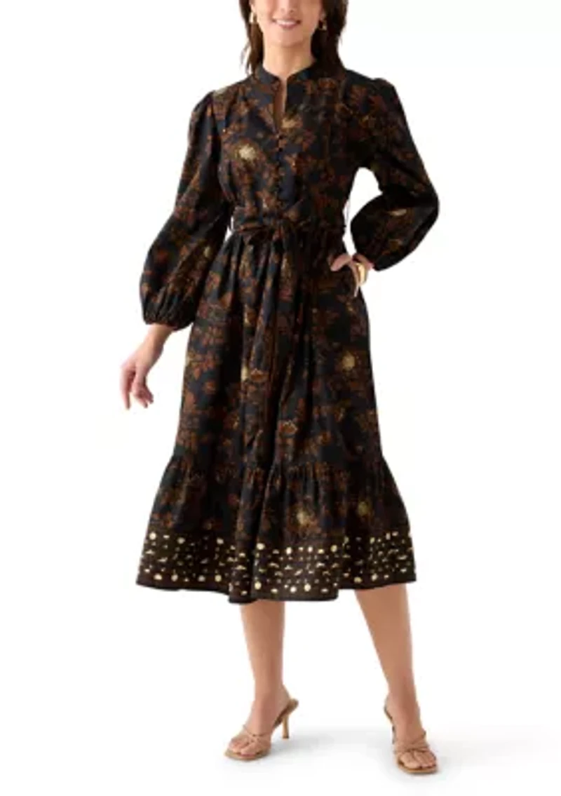 Petite Blouson Sleeve Foil Floral Print Midi Dress
