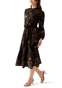 Petite Blouson Sleeve Foil Floral Print Midi Dress