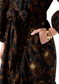 Petite Blouson Sleeve Foil Floral Print Midi Dress