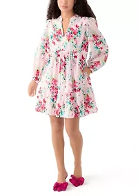 Petite Long Sleeve Tiered Printed Dress