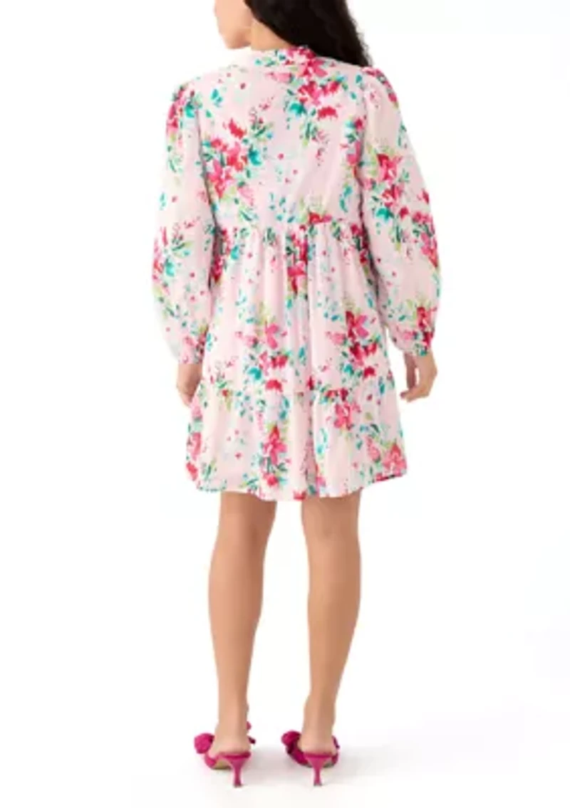 Petite Long Sleeve Tiered Printed Dress