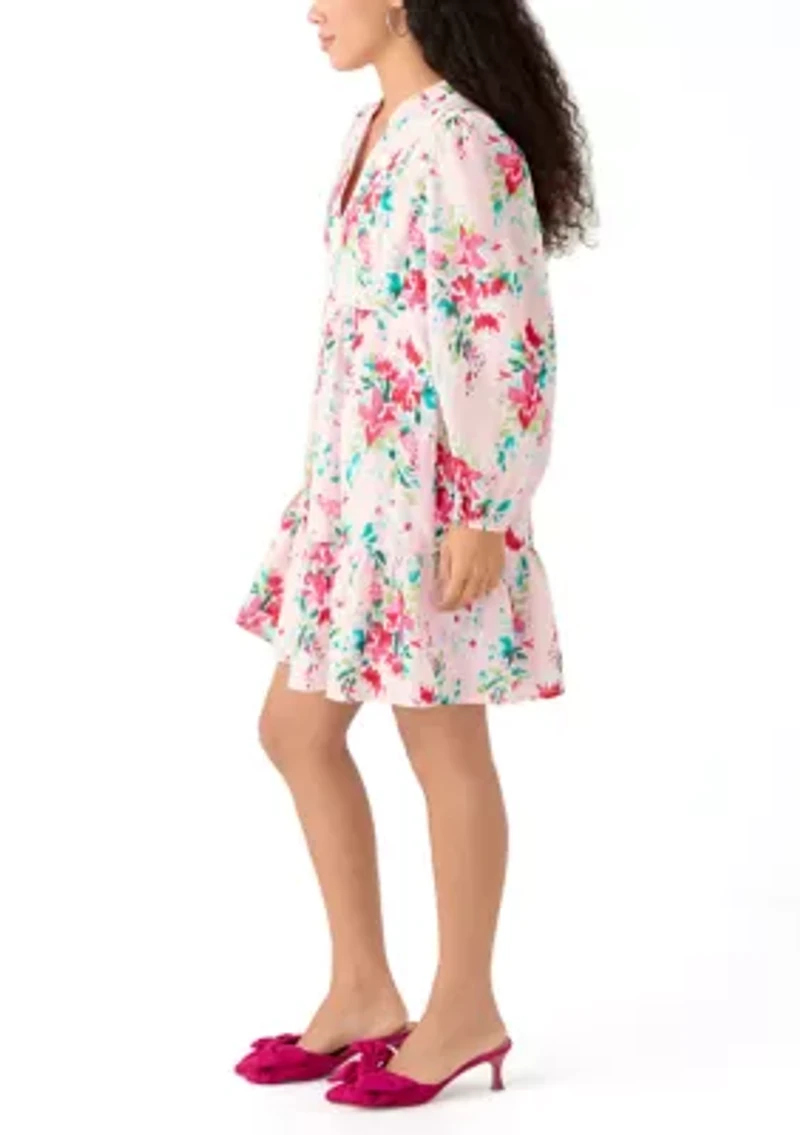 Petite Long Sleeve Tiered Printed Dress