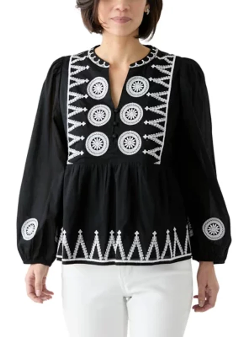 Petite Embroidered Peasant Top
