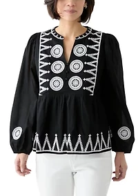 Petite Embroidered Peasant Top