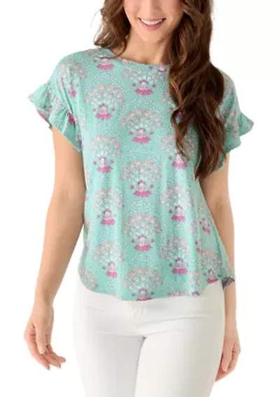 Petite Short Ruffle Sleeve Printed T-Shirt