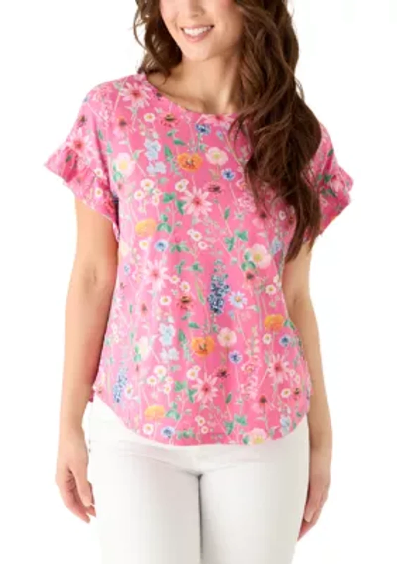 Petite Short Ruffle Sleeve Printed T-Shirt