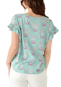 Petite Short Ruffle Sleeve Printed T-Shirt