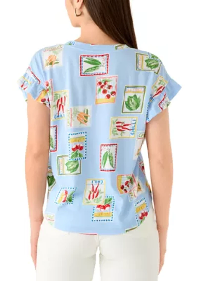 Petite Short Ruffle Sleeve Printed T-Shirt