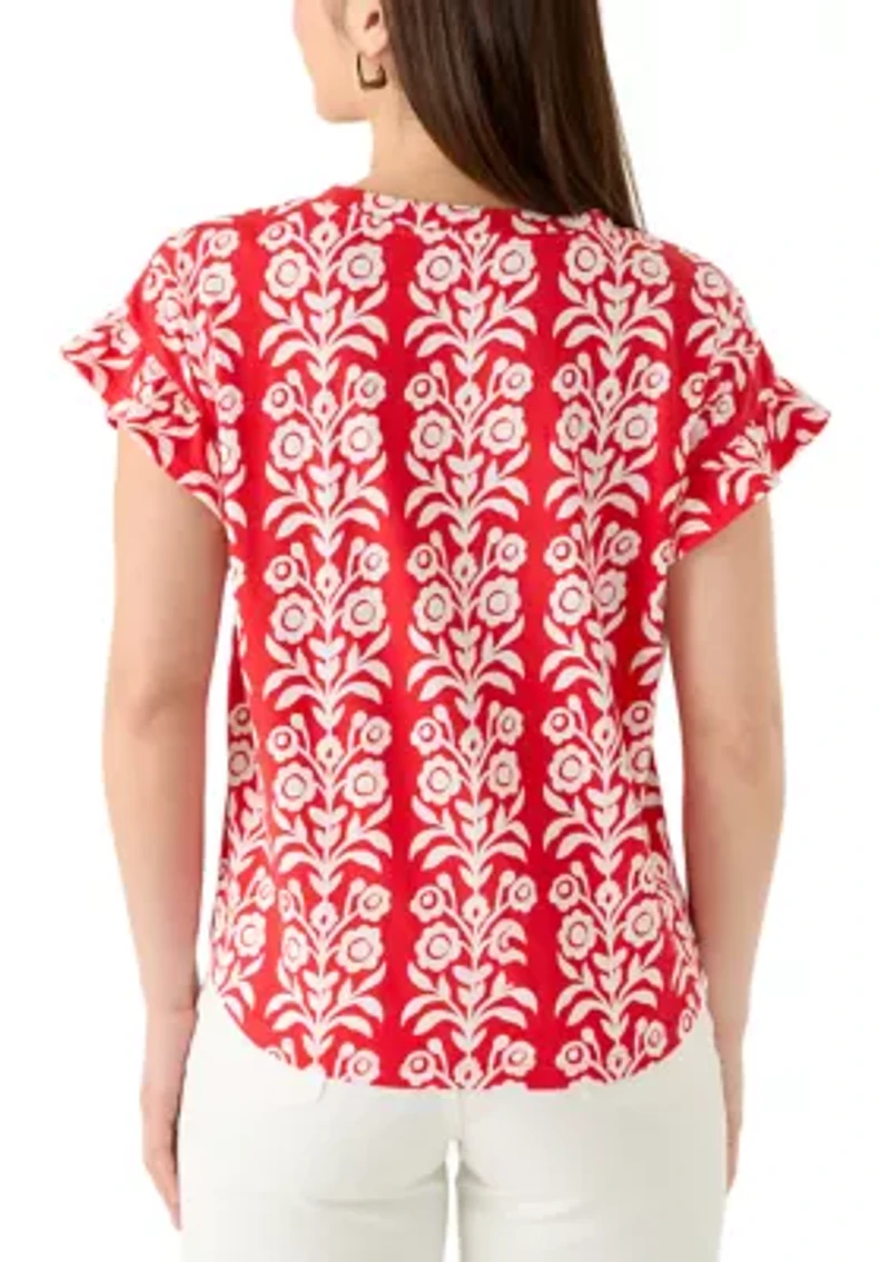 Petite Short Ruffle Sleeve Printed T-Shirt