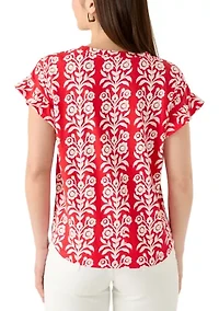 Petite Short Ruffle Sleeve Printed T-Shirt