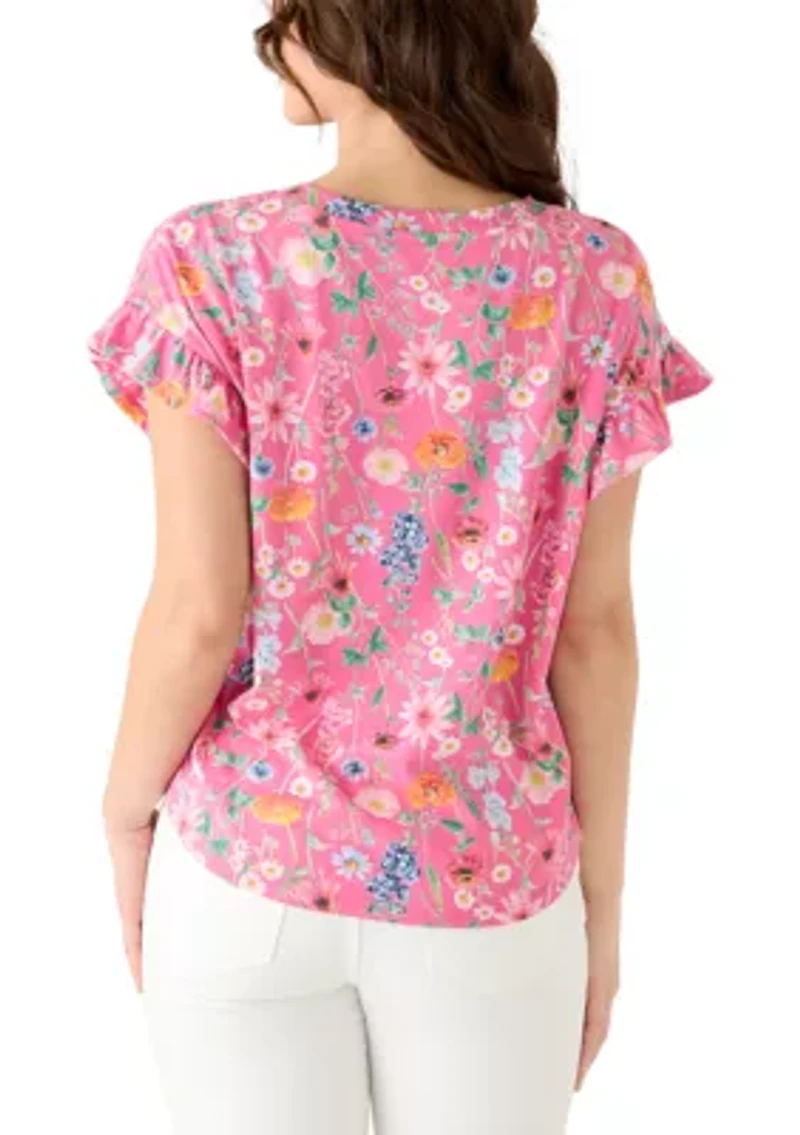 Petite Short Ruffle Sleeve Printed T-Shirt