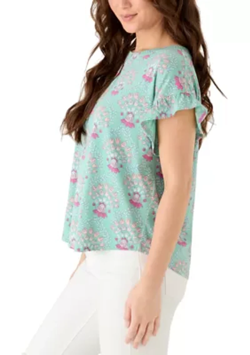 Petite Short Ruffle Sleeve Printed T-Shirt