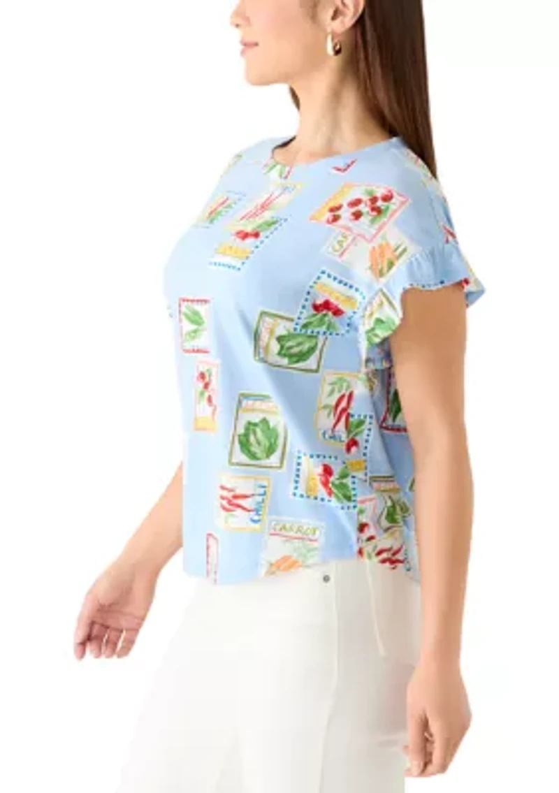 Petite Short Ruffle Sleeve Printed T-Shirt