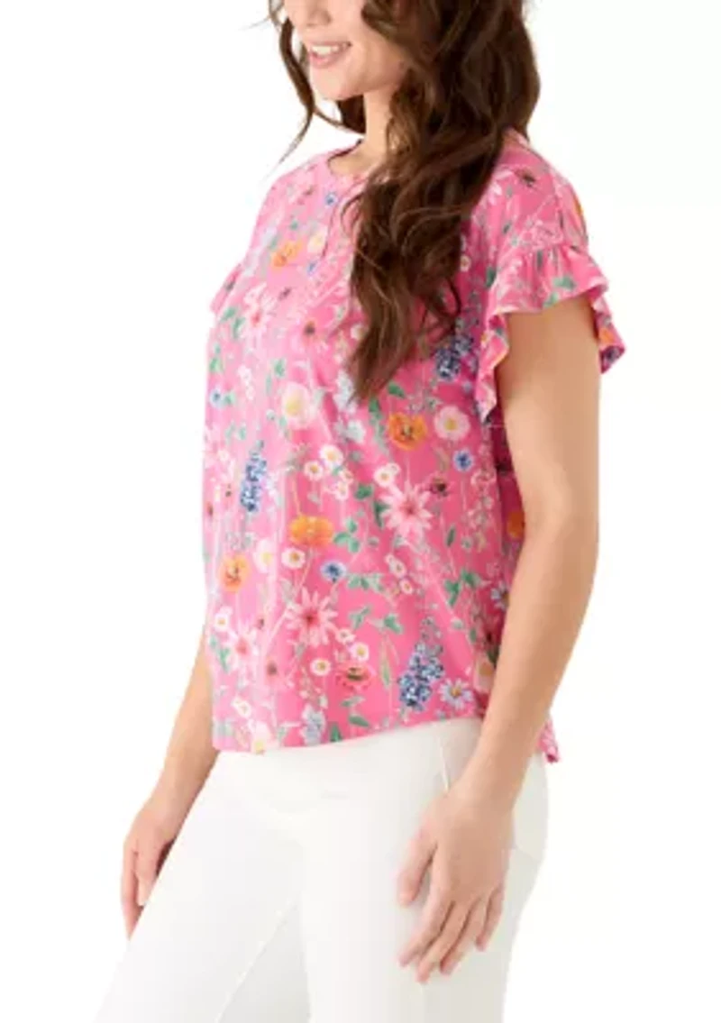 Petite Short Ruffle Sleeve Printed T-Shirt
