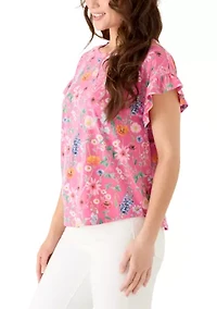 Petite Short Ruffle Sleeve Printed T-Shirt
