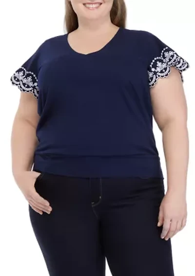 Plus Embroidered Scallop Sleeve Top