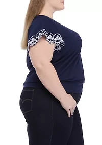 Plus Embroidered Scallop Sleeve Top