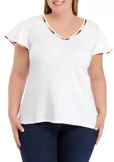 Plus Short Sleeve Pom Trim T-Shirt