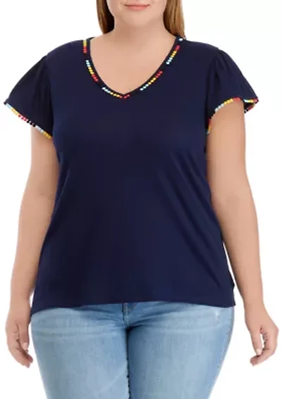 Plus Short Sleeve Pom Trim T-Shirt