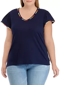 Plus Short Sleeve Pom Trim T-Shirt