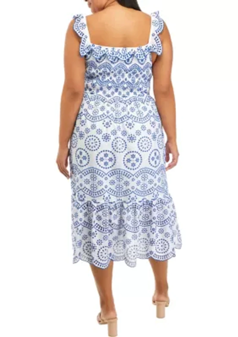 Plus Ruffle Shoulder Printed Midi Dress