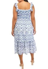 Plus Ruffle Shoulder Printed Midi Dress