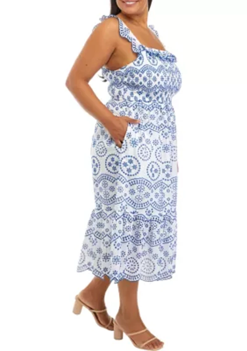 Plus Ruffle Shoulder Printed Midi Dress