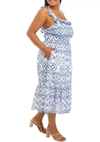 Plus Ruffle Shoulder Printed Midi Dress