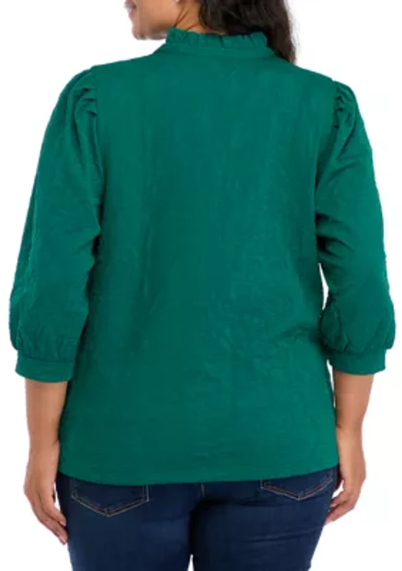 Plus 3/4 Sleeve Ruffle Neck Top