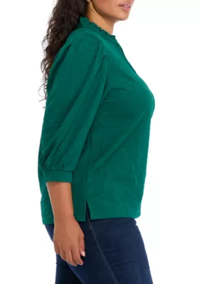 Plus 3/4 Sleeve Ruffle Neck Top