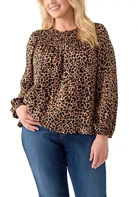 Plus Long Sleeve Smocked Printed Top