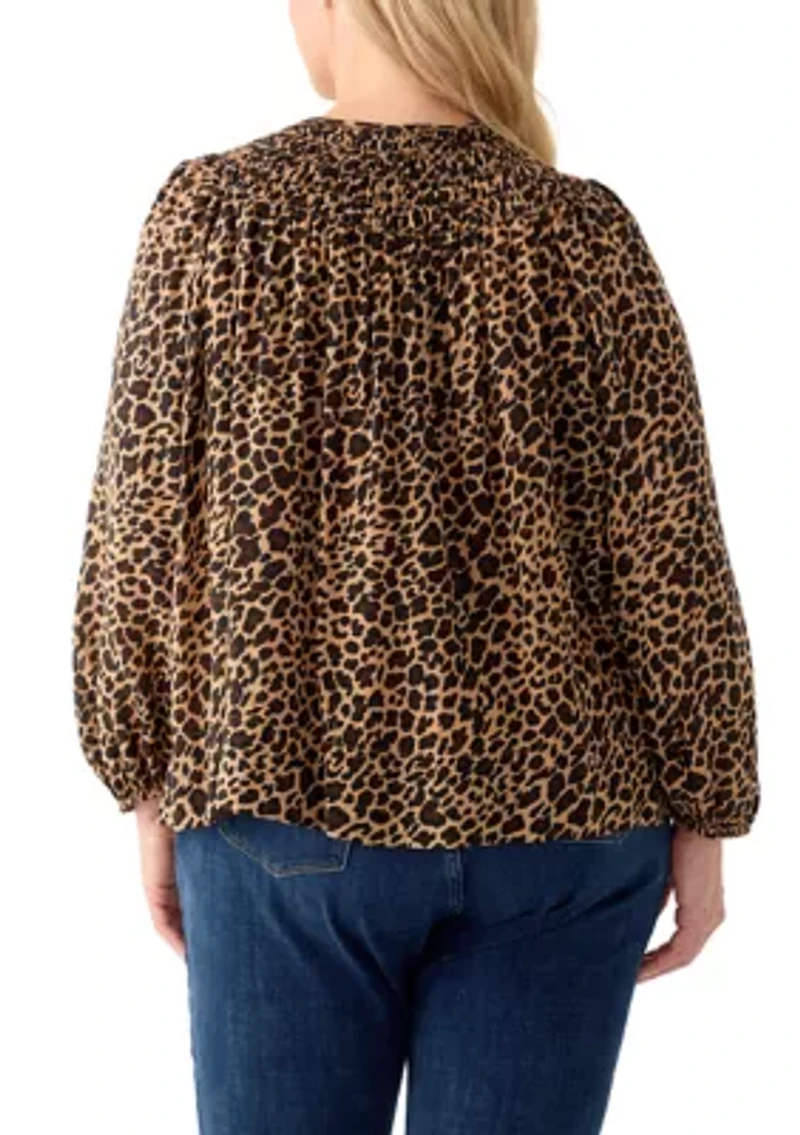 Plus Long Sleeve Smocked Printed Top