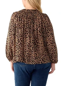 Plus Long Sleeve Smocked Printed Top