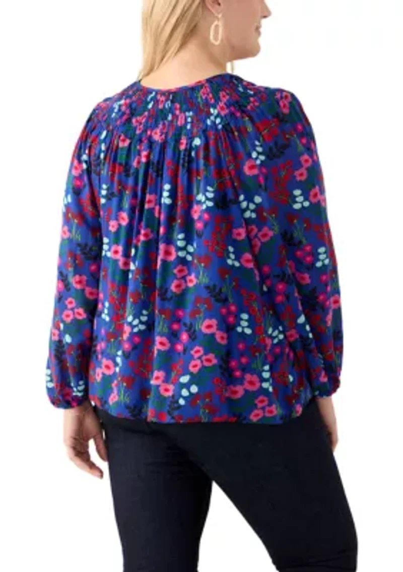 Plus Long Sleeve Smocked Printed Top