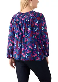 Plus Long Sleeve Smocked Printed Top