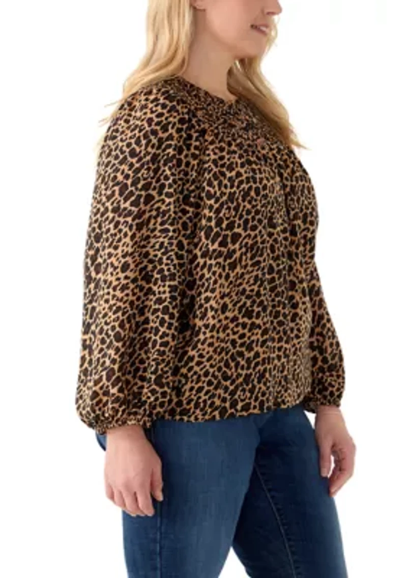 Plus Long Sleeve Smocked Printed Top