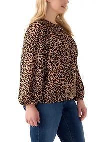 Plus Long Sleeve Smocked Printed Top