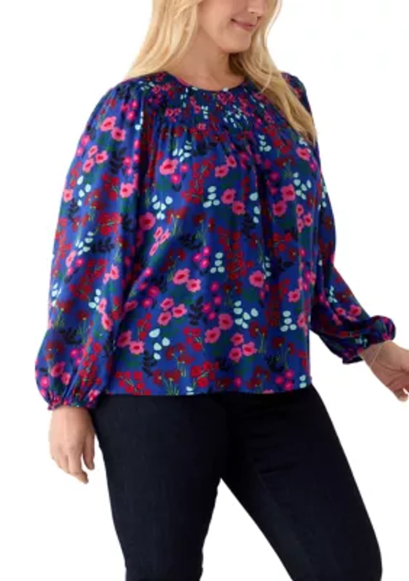 Plus Long Sleeve Smocked Printed Top