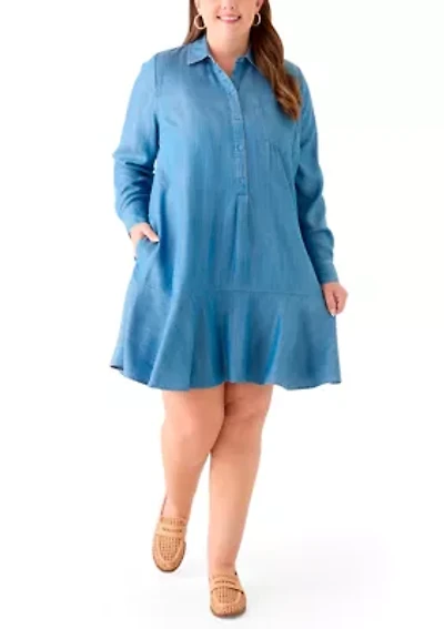 Plus Long Sleeve Flounce Hem Dress Shirt