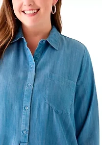 Plus Long Sleeve Flounce Hem Dress Shirt