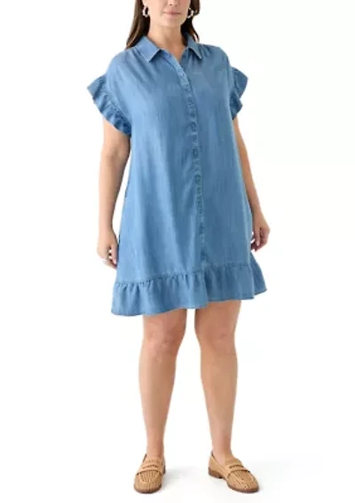 Plus Short Sleeve Chambray Peplum Dress