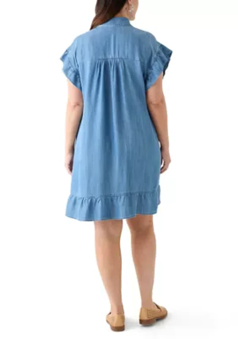 Plus Short Sleeve Chambray Peplum Dress