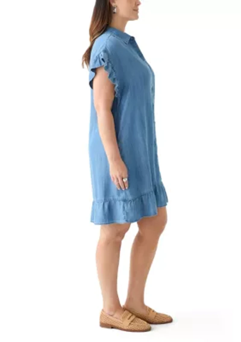 Plus Short Sleeve Chambray Peplum Dress
